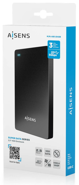 AISENS ASE-2542B caja para disco duro externo Caja de disco duro (HDD) Negro 2.5"