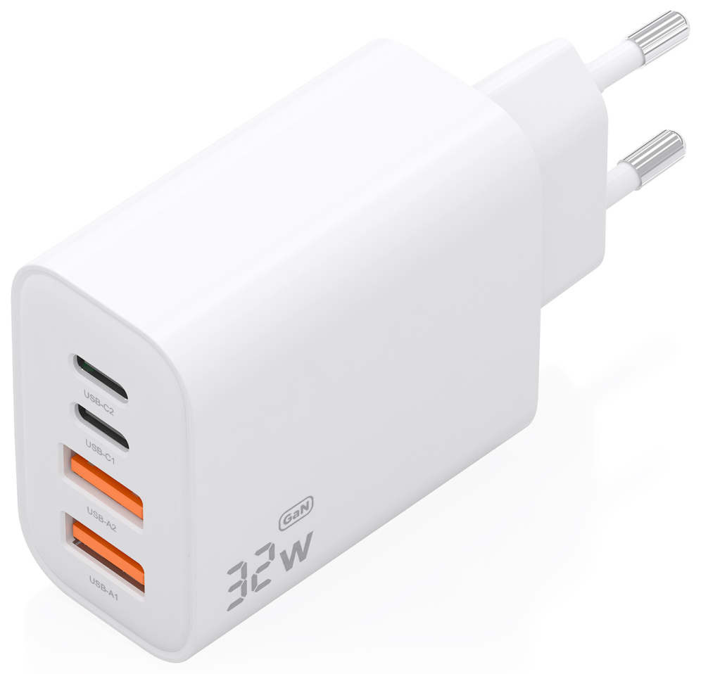 AISENS Cargador GaN 32W, 2xUSB-C PD3.0, 2xUSB-A, Blanco