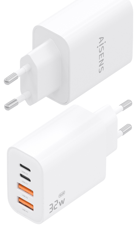 AISENS Cargador GaN 32W, 2xUSB-C PD3.0, 2xUSB-A, Blanco