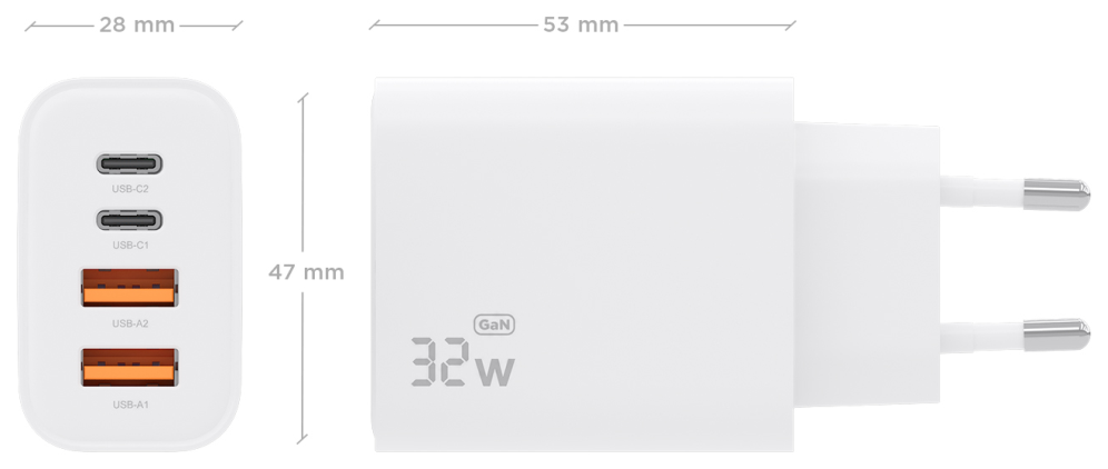 AISENS Cargador GaN 32W, 2xUSB-C PD3.0, 2xUSB-A, Blanco