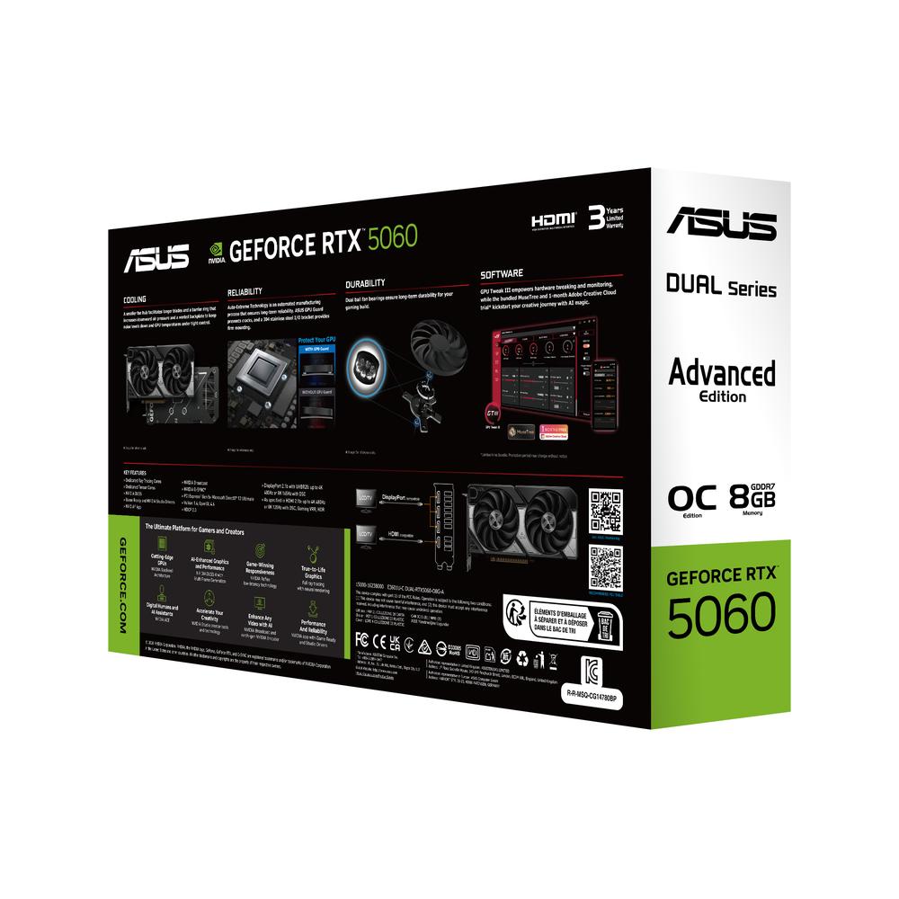 TARJETA GRAFICA ASUS DUAL RTX 5060 O8G-A 8GB GDDR7/ 3X DP/ 1X HDMI PCI EXPRESS 5.0