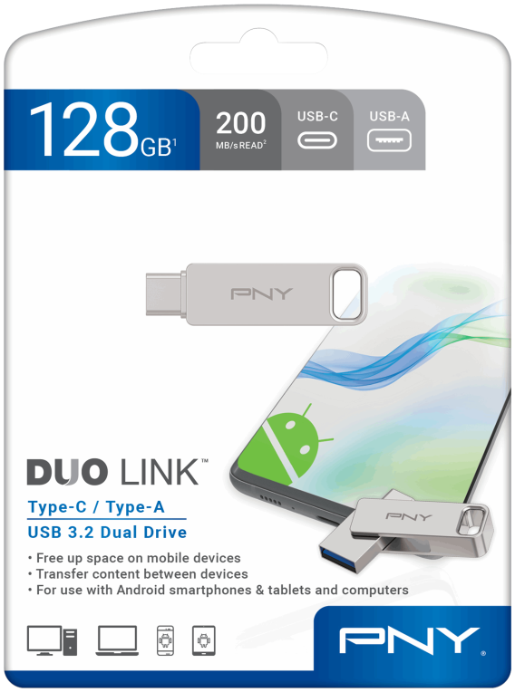 PNY DUO LINK unidad flash USB 128 GB USB Type-A / USB Type-C 3.2 Gen 1 (3.1 Gen 1) Acero inoxidable