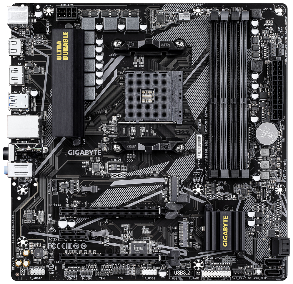 GIGABYTE B550M DS3H AC R2 Placa base - Procesadores AMD Ryzen 5000, VRM de 5+3 fases, hasta 4733 MHz DDR4 (O.C.), 1x M.2 PCIe 4.0 + 1x M.2 PCIe 3.0, Wi-Fi 5, LAN 1 GbE, USB 3.2 Gen 1