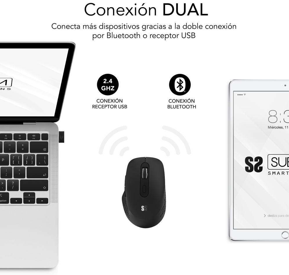 SUBBLIM SUBMO-EDCUR01 ratón Universal mano derecha Bluetooth + USB Type-A Óptico 1600 DPI