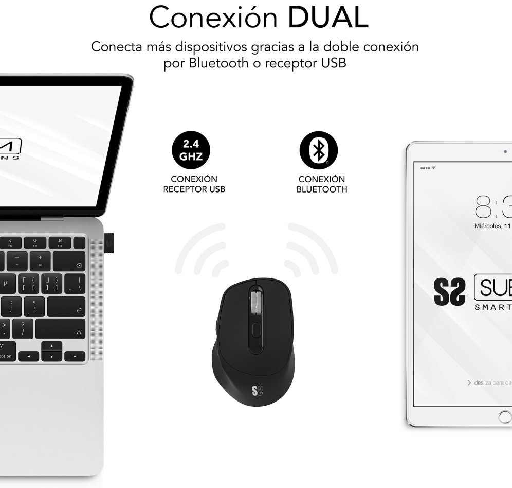 SUBBLIM RATON OPTICO DUAL COMFORT ERGO DUAL BATERIA NEGRO ratón Universal mano derecha Bluetooth + USB Type-A Óptico 2400 DPI