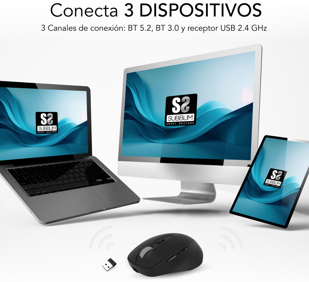 SUBBLIM RATON OPTICO DUAL COMFORT ERGO DUAL BATERIA NEGRO ratón Universal mano derecha Bluetooth + USB Type-A Óptico 2400 DPI