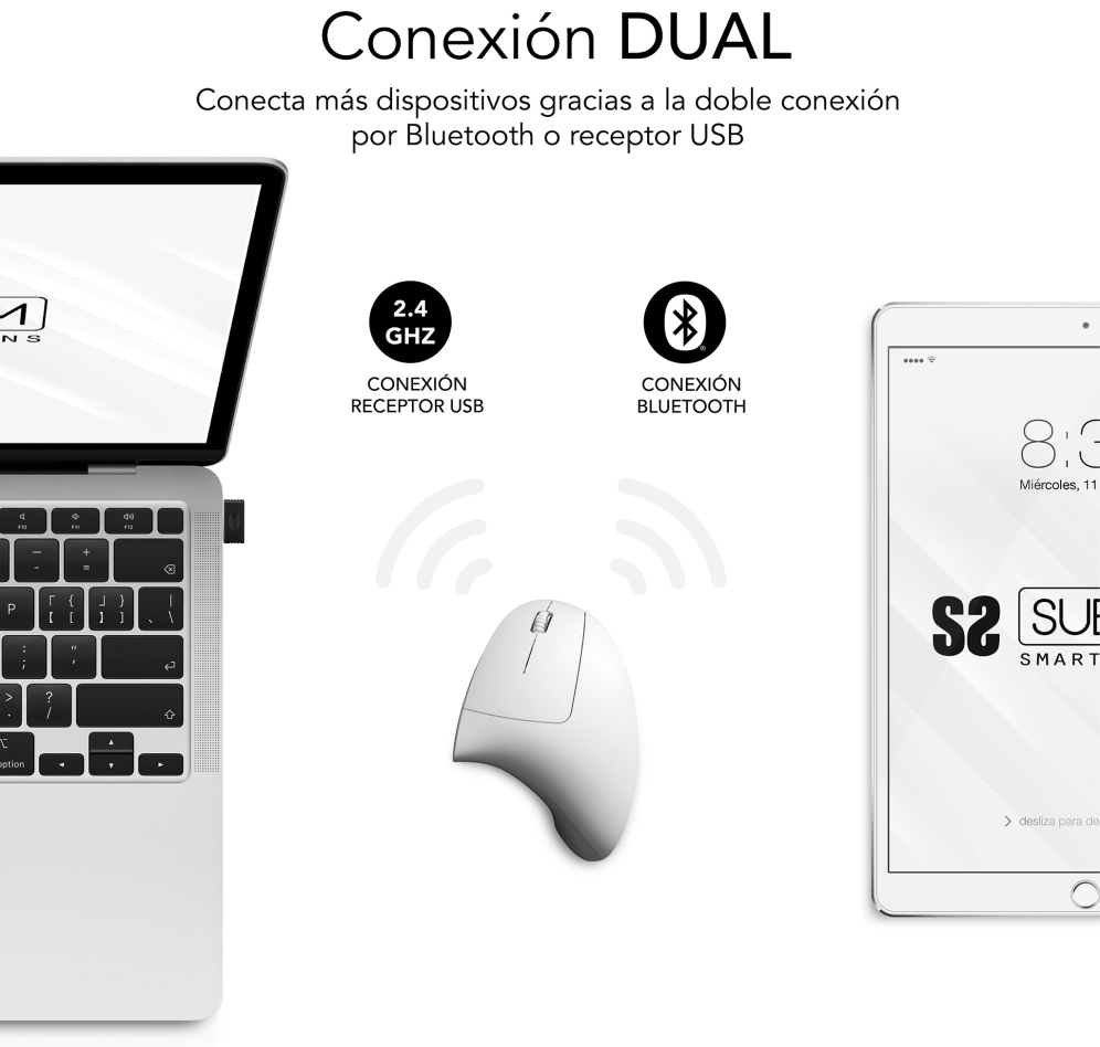 SUBBLIM RATON OPTICO DUAL GLIDE VERTICAL ERGO DUAL BATERIA BLANCO ratón Universal mano derecha Bluetooth + USB Type-A Óptico 1600 DPI