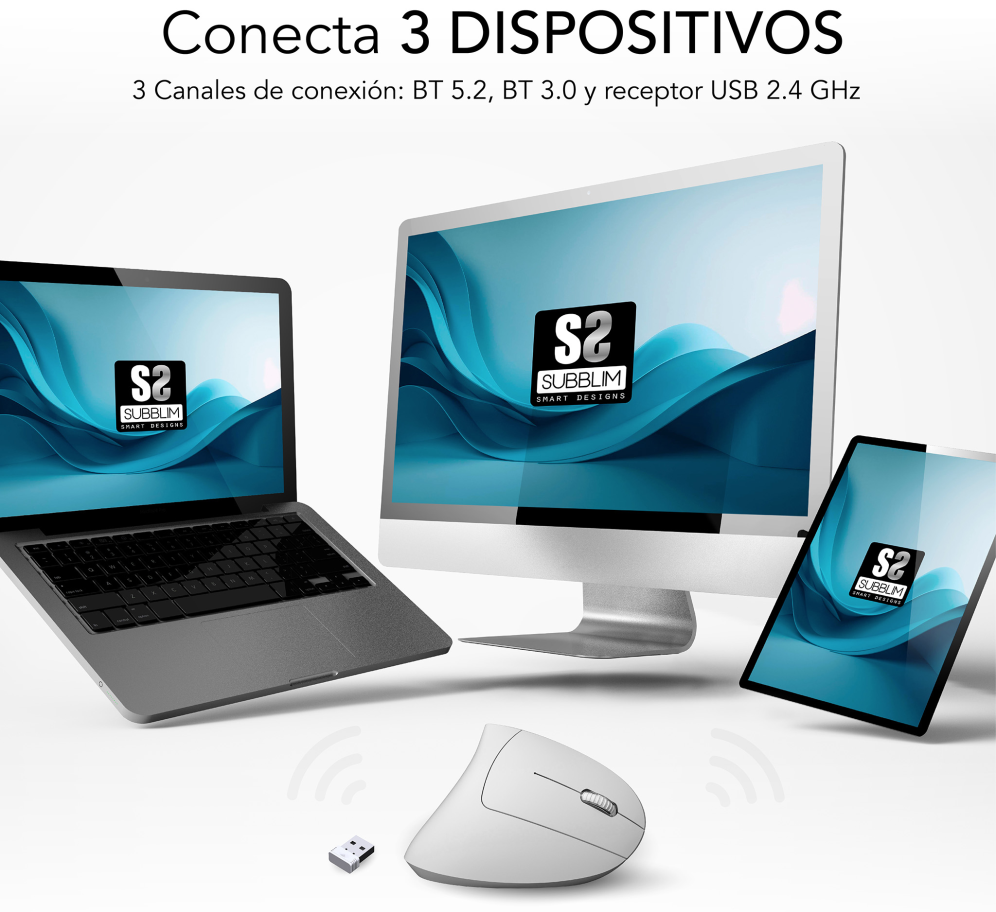 SUBBLIM RATON OPTICO DUAL GLIDE VERTICAL ERGO DUAL BATERIA BLANCO ratón Universal mano derecha Bluetooth + USB Type-A Óptico 1600 DPI