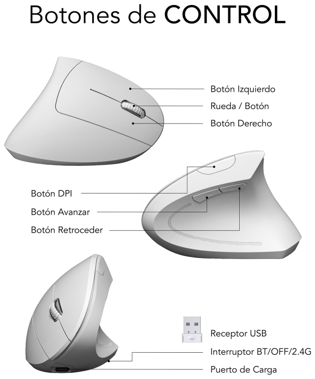 SUBBLIM RATON OPTICO DUAL GLIDE VERTICAL ERGO DUAL BATERIA BLANCO ratón Universal mano derecha Bluetooth + USB Type-A Óptico 1600 DPI