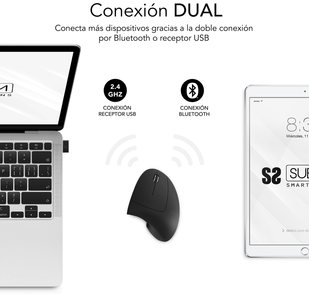 SUBBLIM RATON OPTICO DUAL GLIDE VERTICAL ERGO DUAL BATERIA NEGRO ratón Universal mano derecha Bluetooth + USB Type-A Óptico 1600 DPI
