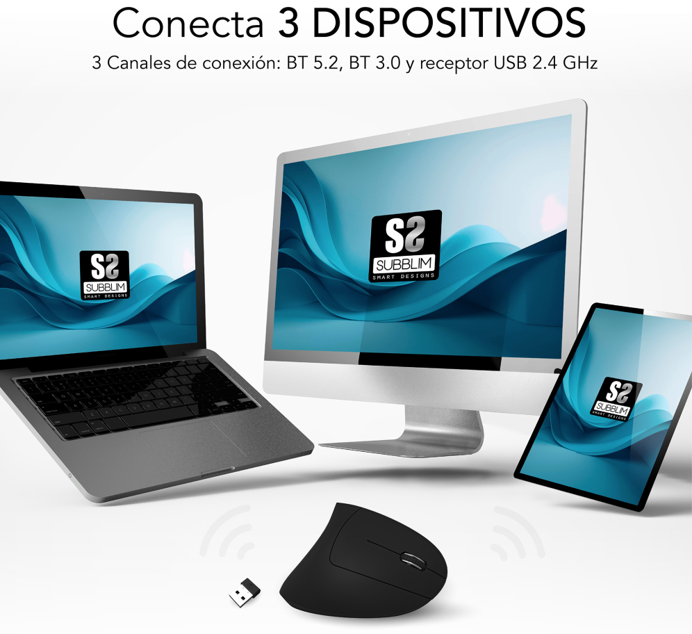 SUBBLIM RATON OPTICO DUAL GLIDE VERTICAL ERGO DUAL BATERIA NEGRO ratón Universal mano derecha Bluetooth + USB Type-A Óptico 1600 DPI
