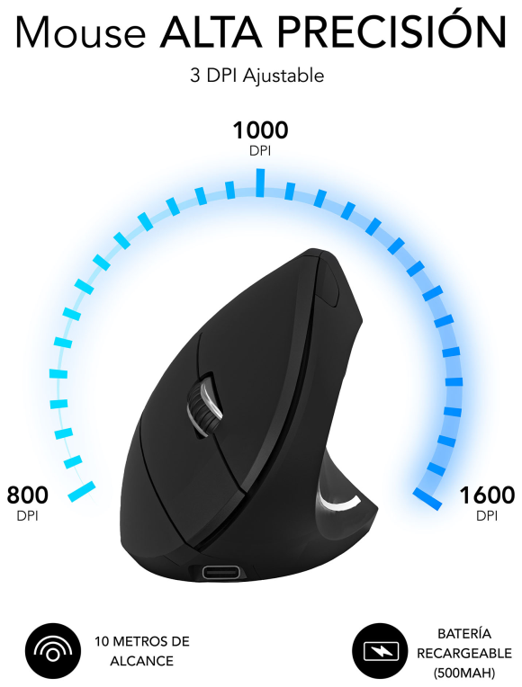 SUBBLIM RATON OPTICO DUAL GLIDE VERTICAL ERGO DUAL BATERIA NEGRO ratón Universal mano derecha Bluetooth + USB Type-A Óptico 1600 DPI