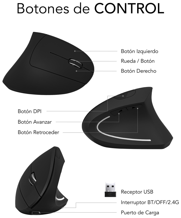 SUBBLIM RATON OPTICO DUAL GLIDE VERTICAL ERGO DUAL BATERIA NEGRO ratón Universal mano derecha Bluetooth + USB Type-A Óptico 1600 DPI