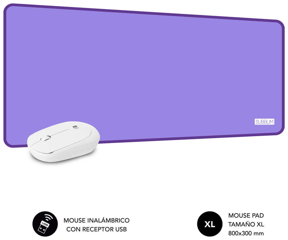 SUBBLIM Alfombrilla con Ratón Harmony Pack Mousepad XL + Wireless Mouse Purple