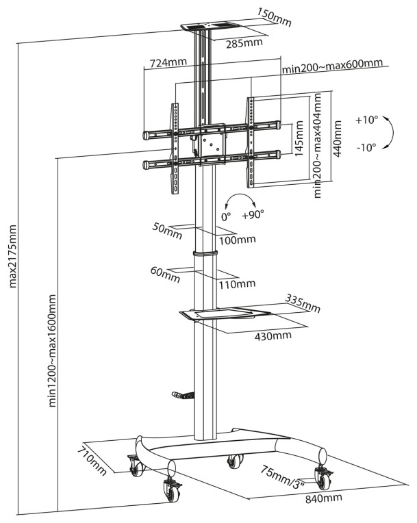 AISENS Soporte de Suelo ECO con Ruedas y Manivela, Bandeja para DVD y Soporte de Cámara para Monitor/TV 50Kg de 37-70, Negro