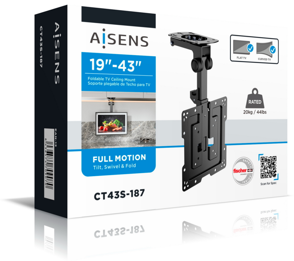AISENS Soporte de Techo Giratorio, Plegable para Monitor/TV 20Kg de 19-43, Negro