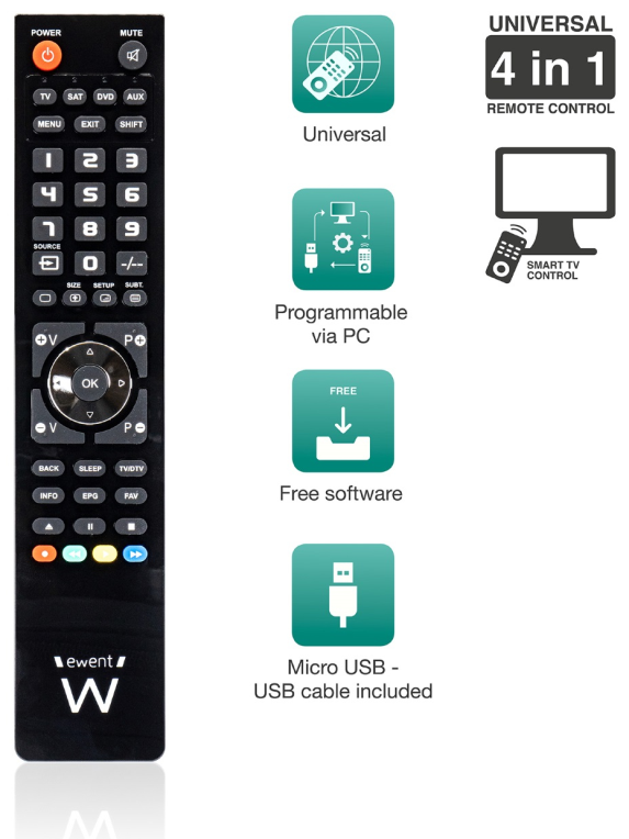 Ewent EW1570 mando a distancia DTT, DVD/Blu-ray, Proyector, SAT, STB, Altavoz para barra de sonido, TV, Universal, VCR Botones