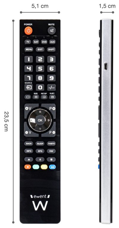 Ewent EW1570 mando a distancia DTT, DVD/Blu-ray, Proyector, SAT, STB, Altavoz para barra de sonido, TV, Universal, VCR Botones