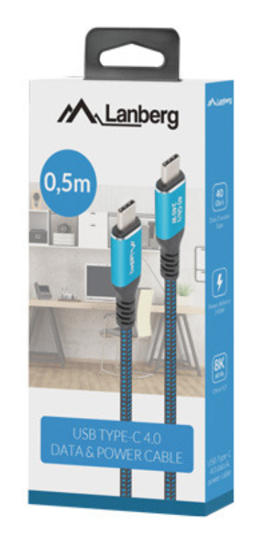 Lanberg CA-CMCM-44CU-0005-BK cable USB USB4 Gen 2x2 0,5 m USB C 40 Gbit/s 240 W Negro, Azul