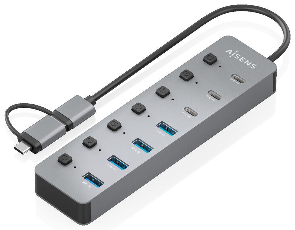 AISENS Hub USB3.1 Gen1 USB-C USB-A, USB-C/M+USB-A/M-4xUSB-A/H+3xUSB-C/H+1xUSB-C/H ALIM., Gris, 30cm