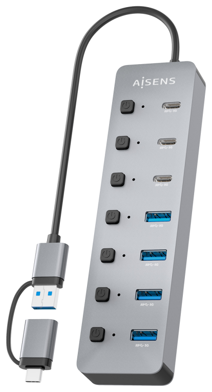 AISENS Hub USB3.1 Gen1 USB-C USB-A, USB-C/M+USB-A/M-4xUSB-A/H+3xUSB-C/H+1xUSB-C/H ALIM., Gris, 30cm