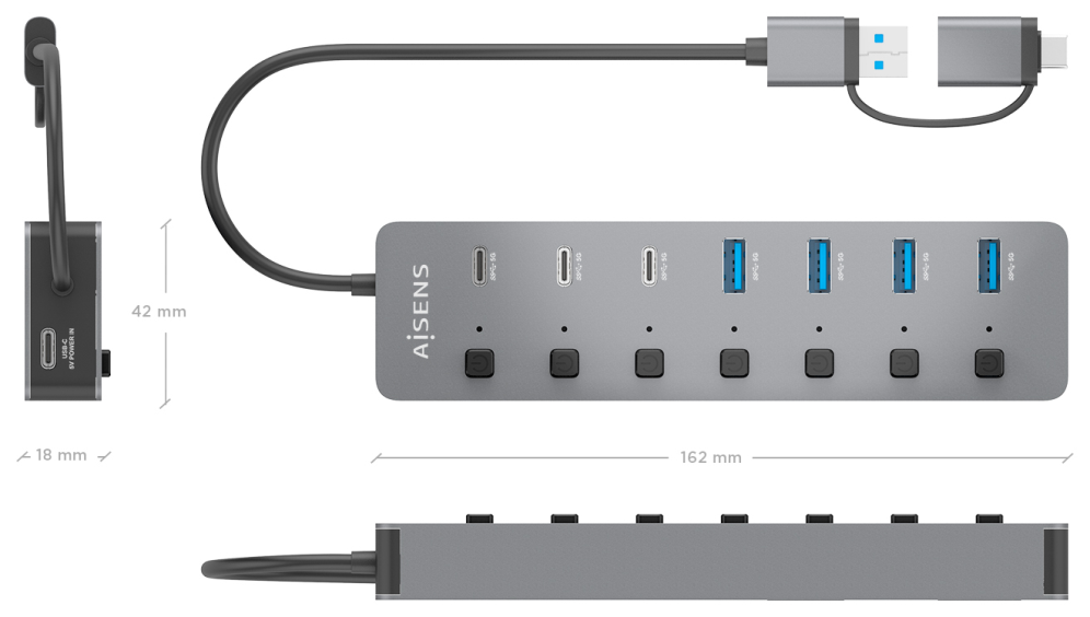 AISENS Hub USB3.1 Gen1 USB-C USB-A, USB-C/M+USB-A/M-4xUSB-A/H+3xUSB-C/H+1xUSB-C/H ALIM., Gris, 30cm