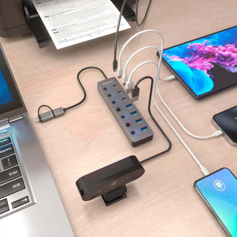 AISENS Hub USB3.1 Gen1 USB-C USB-A, USB-C/M+USB-A/M-4xUSB-A/H+3xUSB-C/H+1xUSB-C/H ALIM., Gris, 30cm