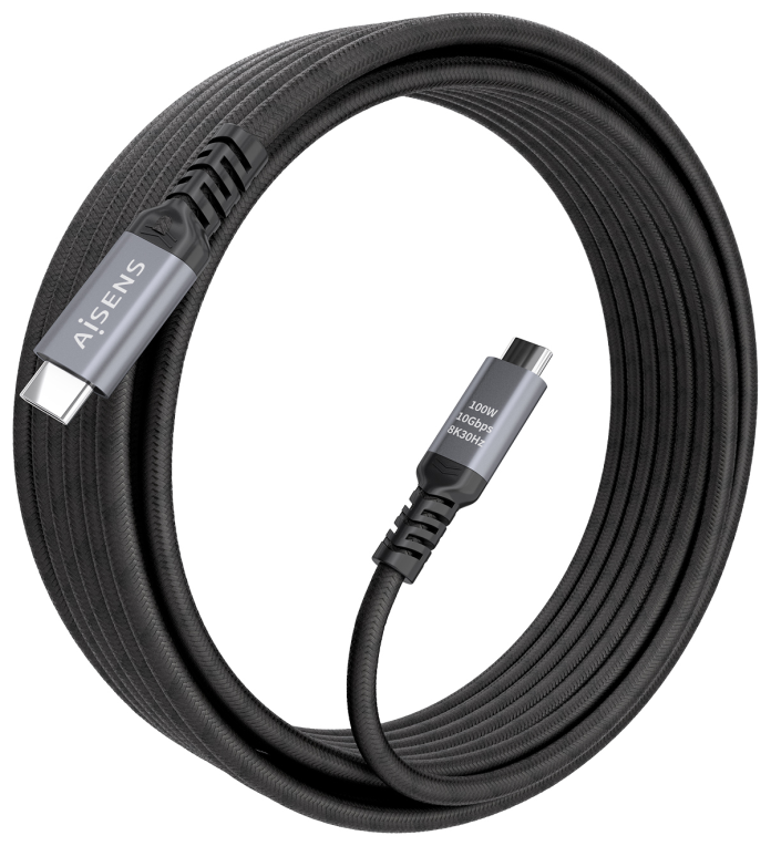 AISENS Cable USB 3.2 Gen2 Aluminio 10Gbps 8K@30Hz 5A 100W E-Mark, Tipo USB-C/M-USB-C/M, Negro, 5.0m