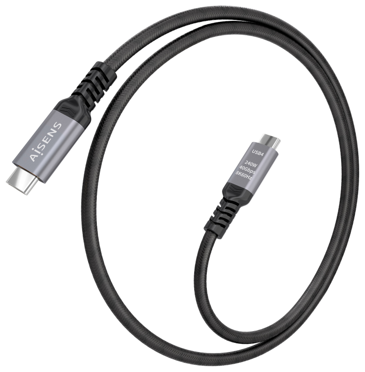 AISENS Cable USB4 Gen3x2 Aluminio 40Gbps 8K@60Hz 5A 48V 240W E-Mark, Tipo USB-C/M-USB-C/M, Negro, 1.0m