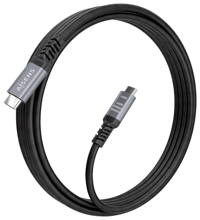AISENS Cable USB4 Gen3x2 Aluminio 40Gbps 8K@60Hz 5A 48V 240W E-Mark, Tipo USB-C/M-USB-C/M, Negro, 2.0m