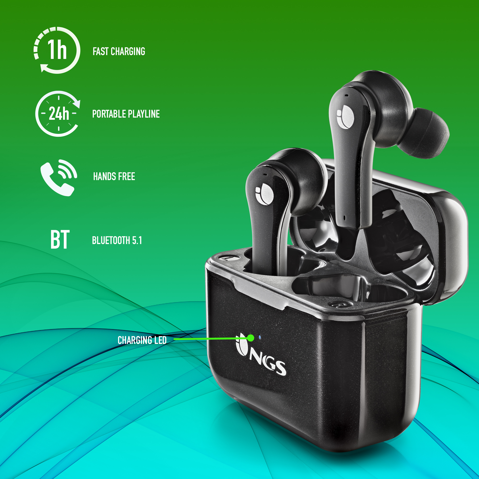 AURICULARES INALAMBRICOS NGS ARTICA BLOOM BLACK BLUETOOTH 5.1 + ESTUCHE DE CARGA