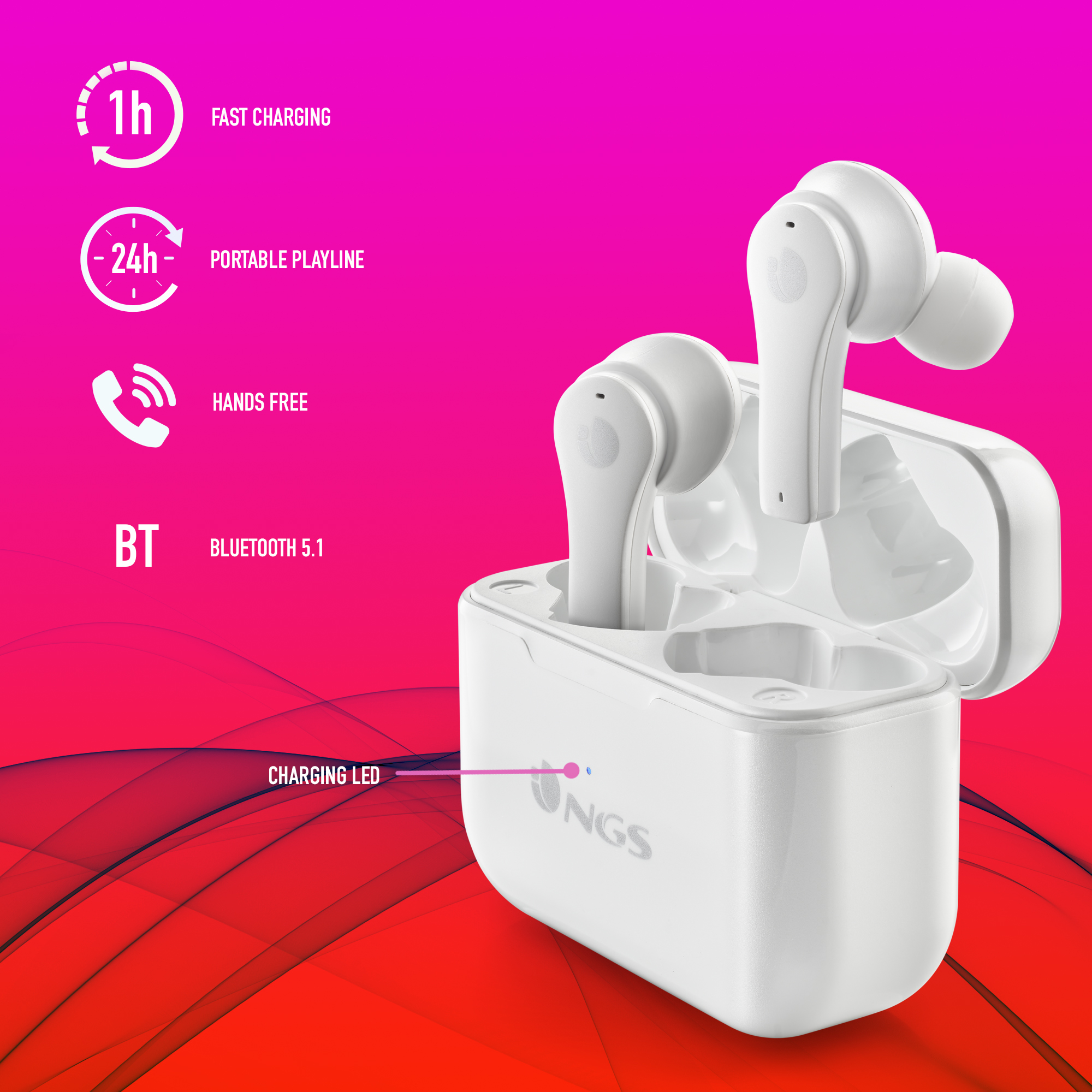 AURICULARES INALAMBRICOS NGS ARTICA BLOOM WHITE BLUETOOTH 5.1 + ESTUCHE DE CARGA / BLANCO