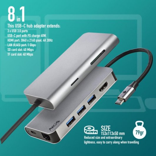 DOCKING STATION NGS WONDER DOCK 8 3X USB 3.0/ 1X USB 2.0/ 1X USB TIPO C/ 1X RJ-45/ 1X HDMI