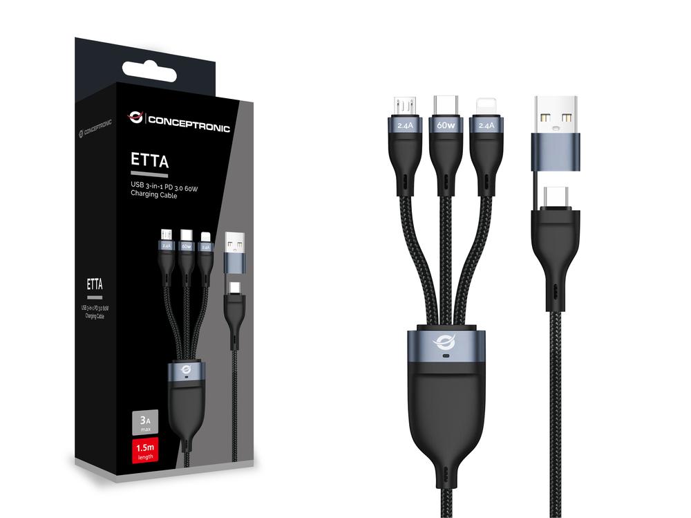 CABLE USB 3IN1 CONCEPTRONIC 1.5M PD 3.0 100W 20V 5A 480MBPS E-MARK