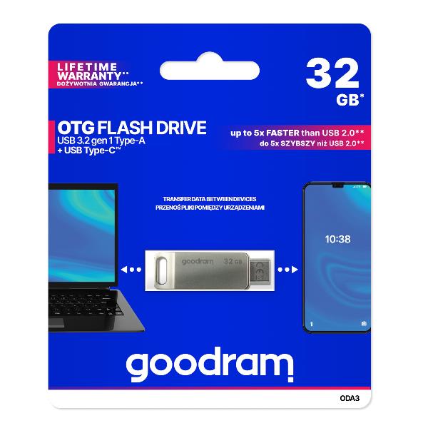 MEMORIA USB 3.2 / USB TIPO C GOODRAM 32B ODA3 PLATA