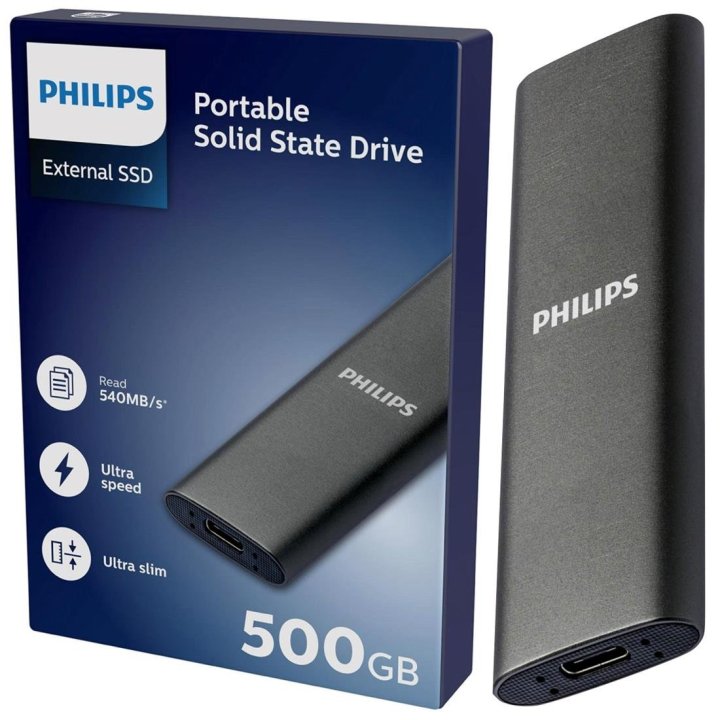 DISCO DURO EXTERNO SSD PHILIPS ULTRA SLIM 500GB M.2 USB TIPO C GRIS