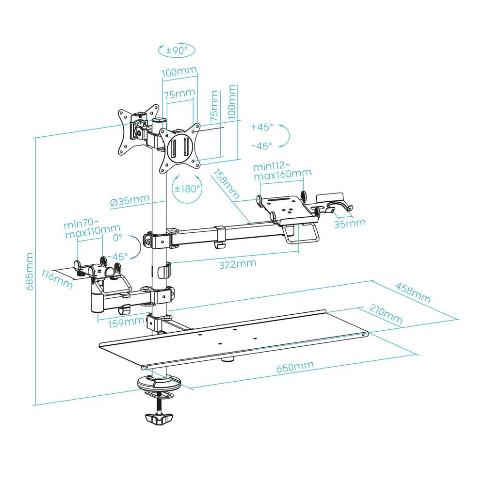 SOPORTE MESA TOOQ VESA HASTA 32" 100X100MM + SOPORTE TERMINAL/LECTOR/TECLADO