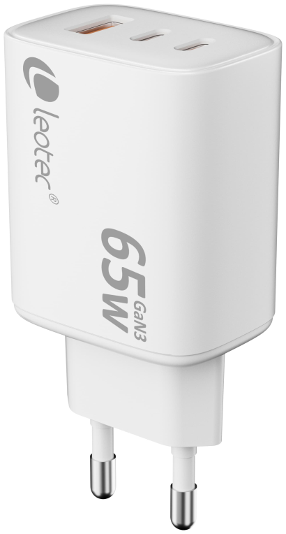 Leotec CARGADOR UNIVERSAL 65W GAN ULTRA SLIM 2 USB C PD+1 USB A BLANCO