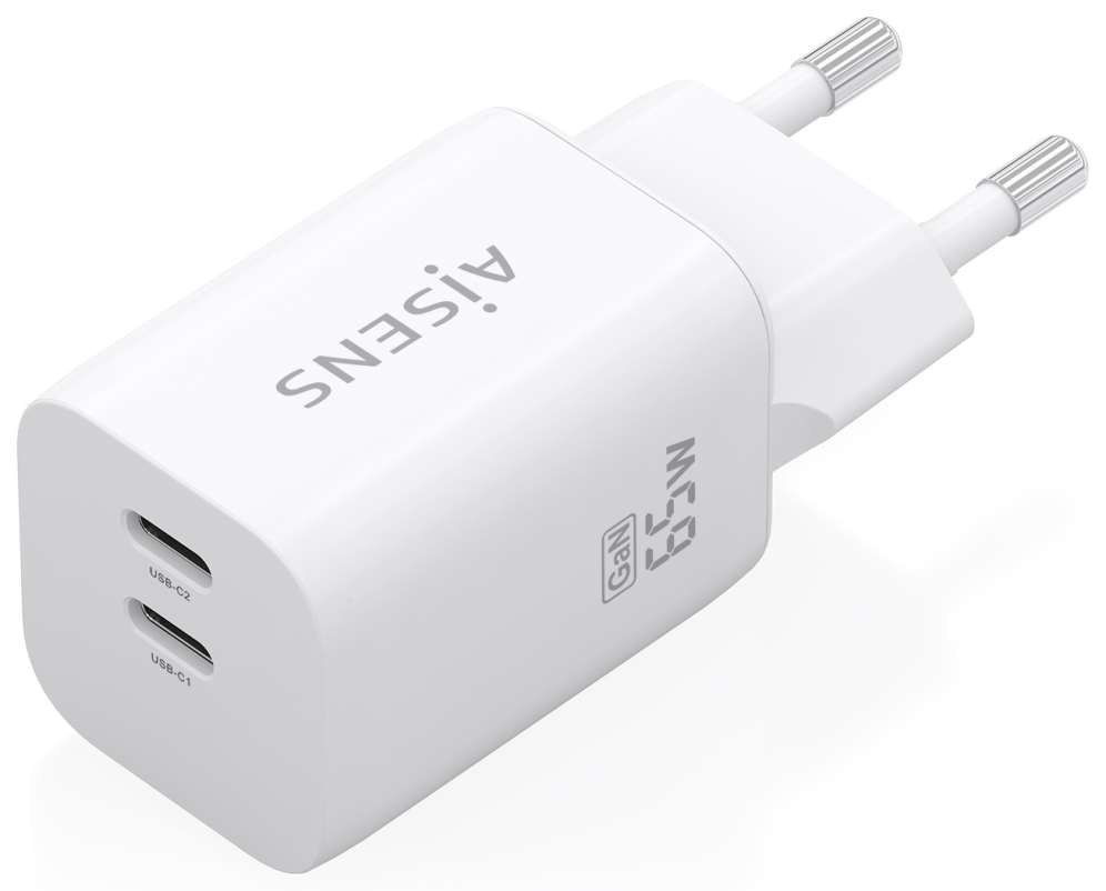 AISENS Cargador GaN 65W, 2xUSB-C PD3.0 QC4.0, Blanco