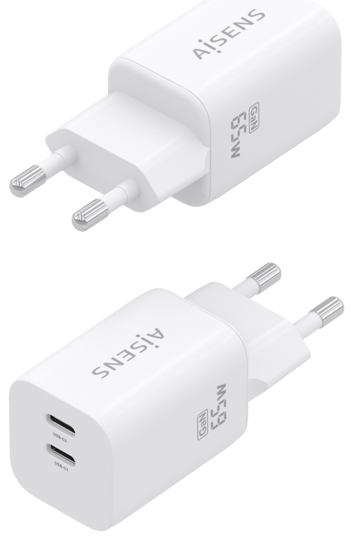 AISENS Cargador GaN 65W, 2xUSB-C PD3.0 QC4.0, Blanco