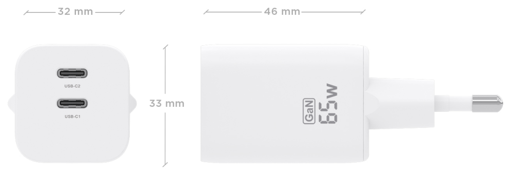 AISENS Cargador GaN 65W, 2xUSB-C PD3.0 QC4.0, Blanco