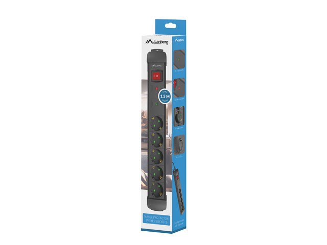 REGLETA LANBERG SP1 5 TOMAS SCHUKO PROTECCION HASTA 2500W NEGRA 1.5M