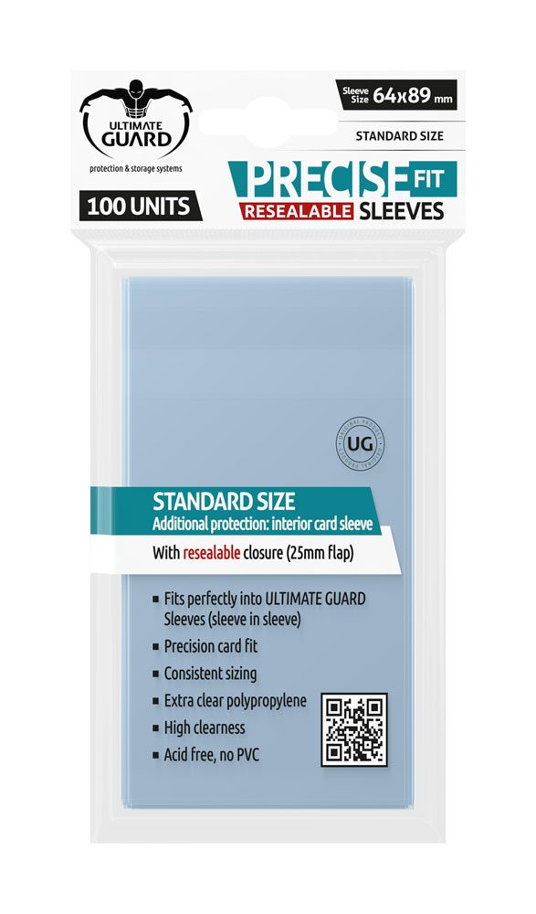 FUNDAS TRANSPARENTES DE CARTAS ULTIMATE GUARD PRECISE-FIT CIERRE REUTILIZABLE TAMAÑO ESTÁNDAR 100 UNIDADES