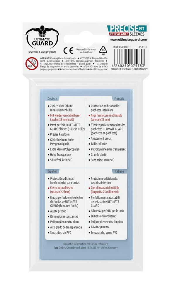FUNDAS TRANSPARENTES DE CARTAS ULTIMATE GUARD PRECISE-FIT CIERRE REUTILIZABLE TAMAÑO ESTÁNDAR 100 UNIDADES