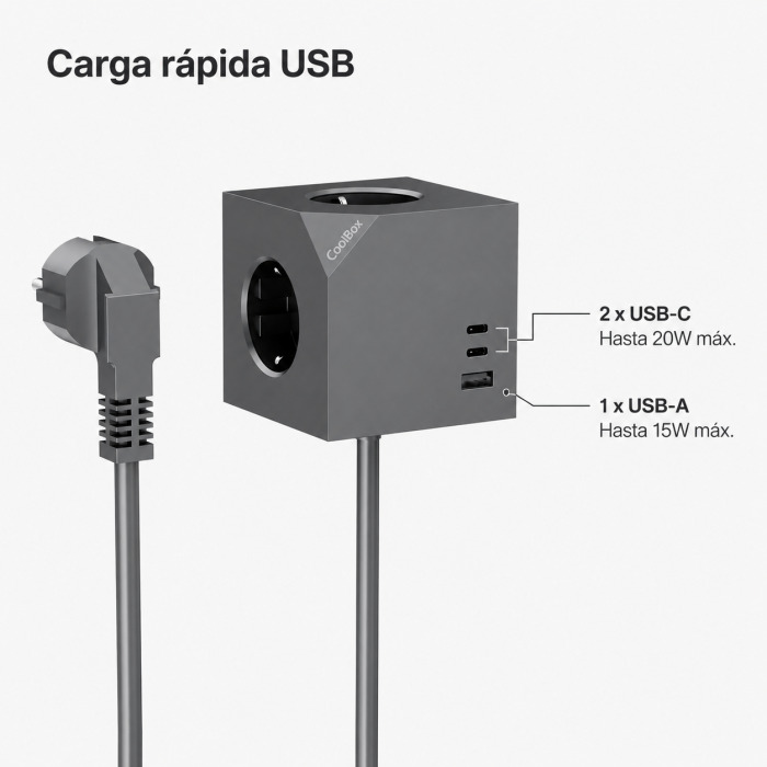 BASE DE ENCHUFES COOLBOX CUBIK MAGNET 3 ENCHUFES CON CARGA USB C+A CABLE AC INTEGRADO