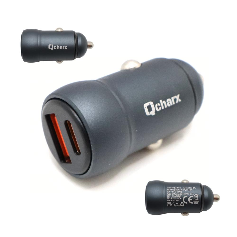 CARGADOR QCHARX NYX COCHE 30W 1X USB TIPO A 1X USB TIPO C NEGRO