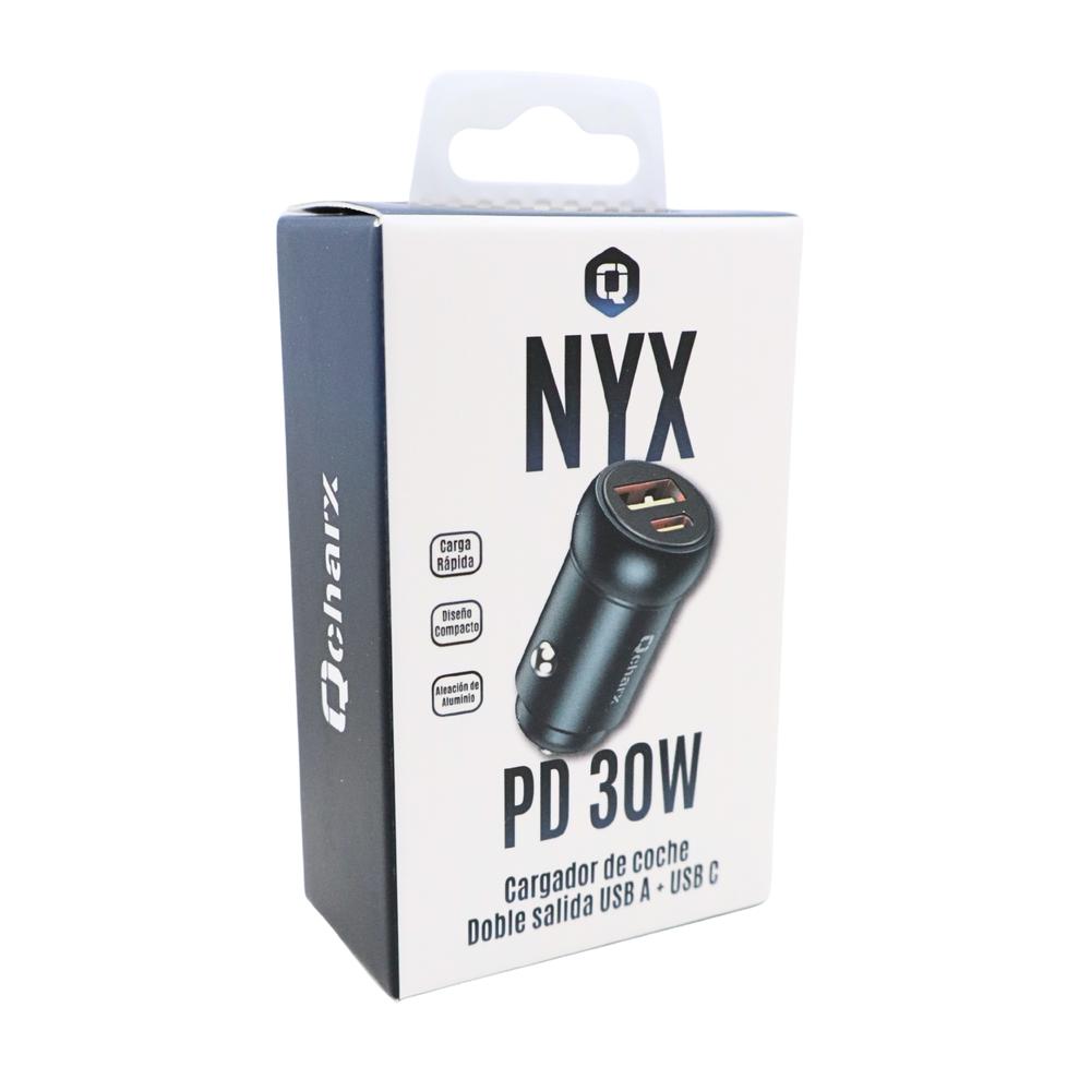 CARGADOR QCHARX NYX COCHE 30W 1X USB TIPO A 1X USB TIPO C NEGRO