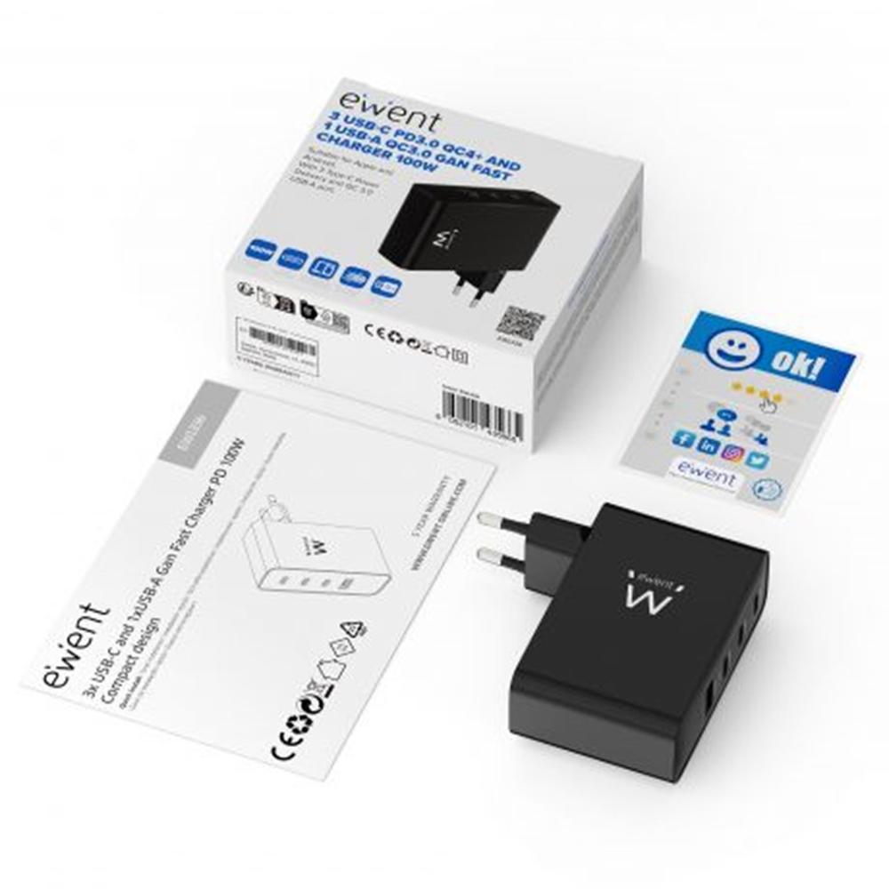 CARGADOR EWENT EW1336 100W 3X USB TIPO C 1X USB TIPO A NEGRO