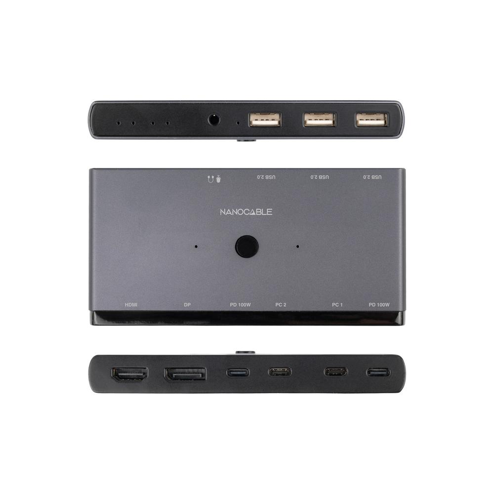 CONMUTADOR KVM SWITCH NANOCABLE 2xUSB-C A 3xUSB-A+2xUSB-C/PD+HDMI+DP+AU