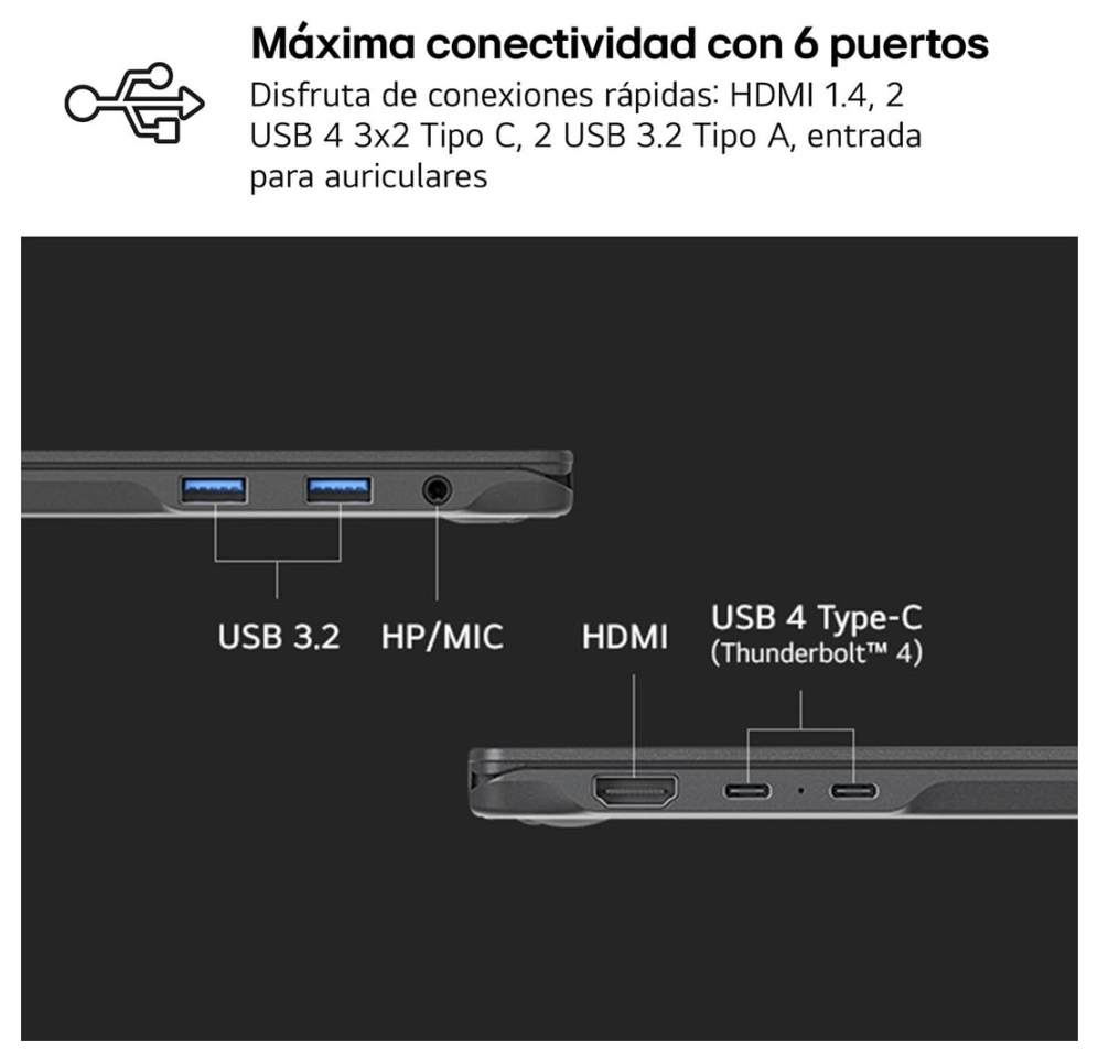 LG Gram Intel® Core™ i5 i5-1334U Portátil 35,6 cm (14") WUXGA 8 GB LPDDR4x-SDRAM 256 GB SSD Wi-Fi 6E (802.11ax) FreeDOS Negro QWERTY Español